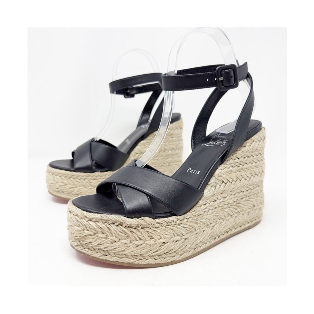 Christian Louboutin Mariza Zeppa Black Leather Wedge Sandals Womens Size EU 37